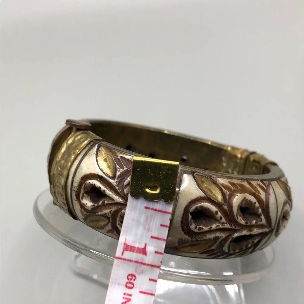 Carved bone hinge bangle bracelet vintage handmade India boho rustic statement.